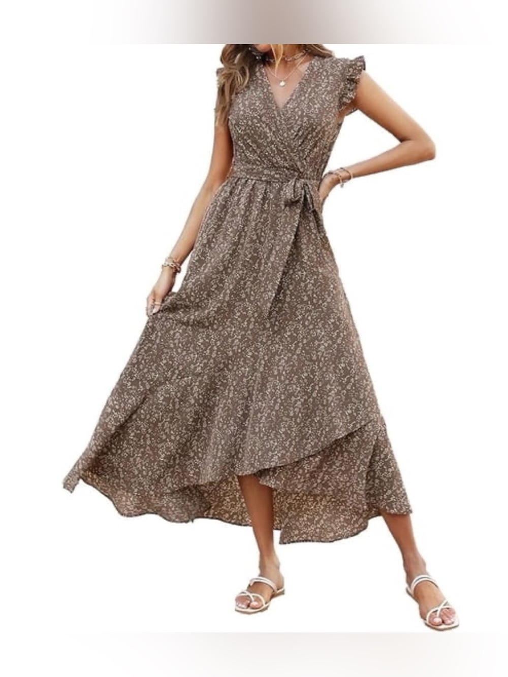 Brown Floral High-Low Wrap Maxi Dress with Tie Waist